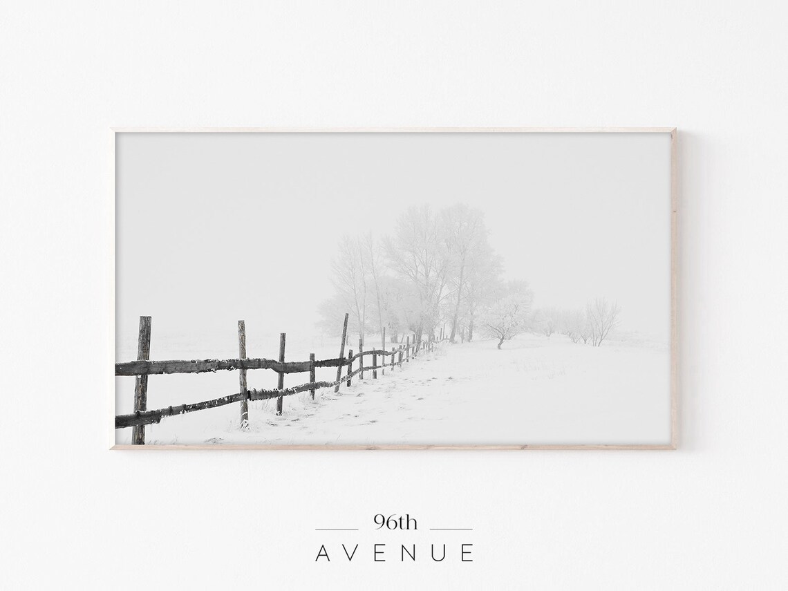Rustic Wooden Fence in Snowy Field Foggy Winter Countryside Poster