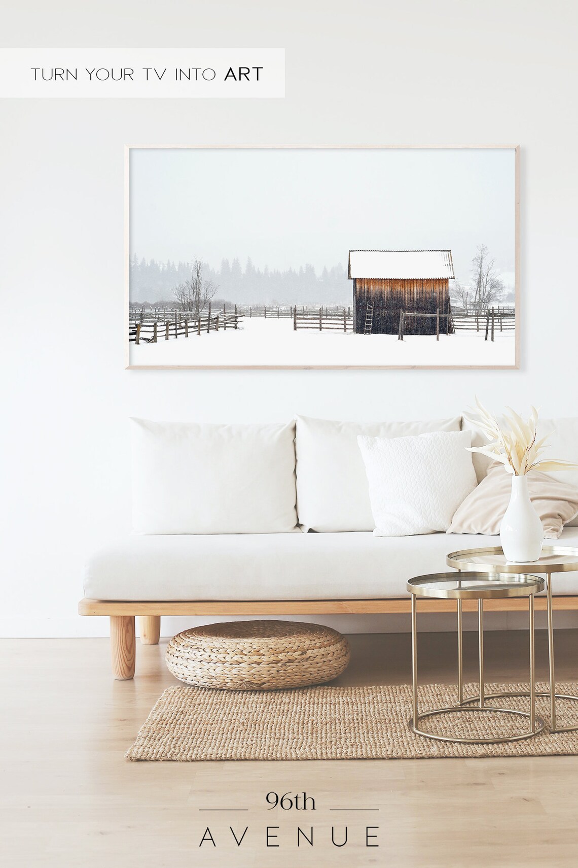 Rustic Wooden Barn in a Snowstorm with Wooden Fences Winter Poster - Image 2