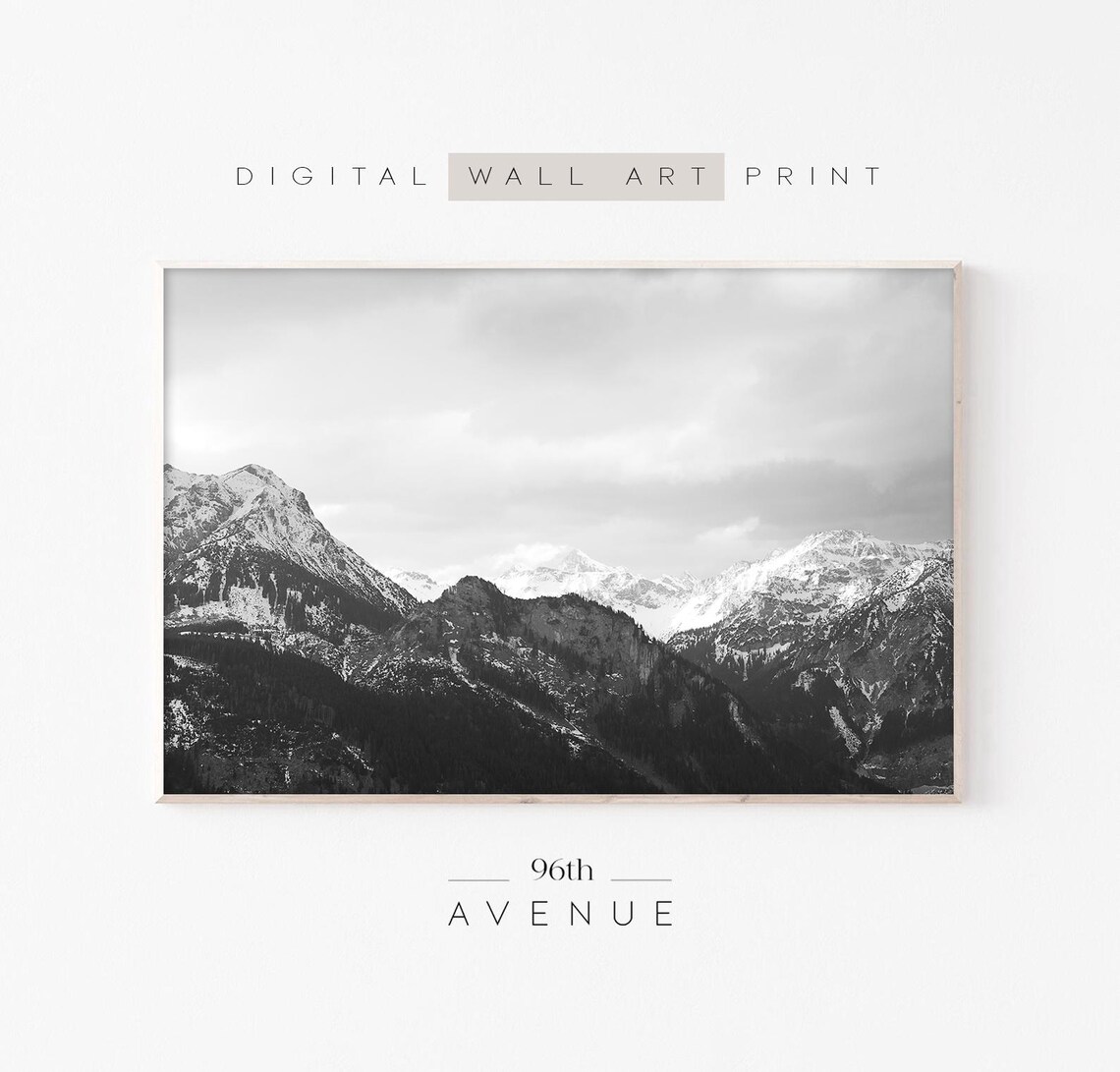Black White Snowy Mountains Landscape Nordic Alpine Photo Wall Art