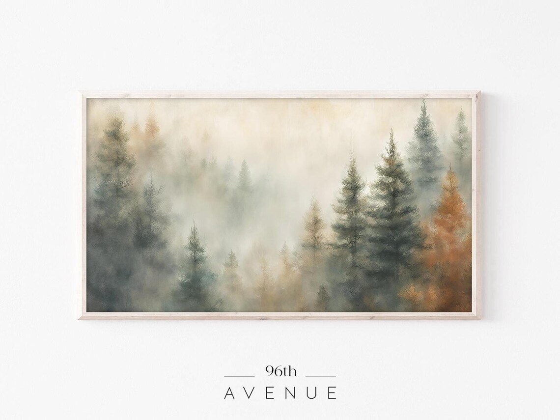Misty Evergreen Forest with Golden Tree Foggy Autumn Painting Poster