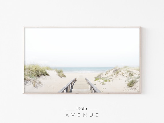 White Boardwalk Over Sand Dunes to Bright Ocean Beach Poster