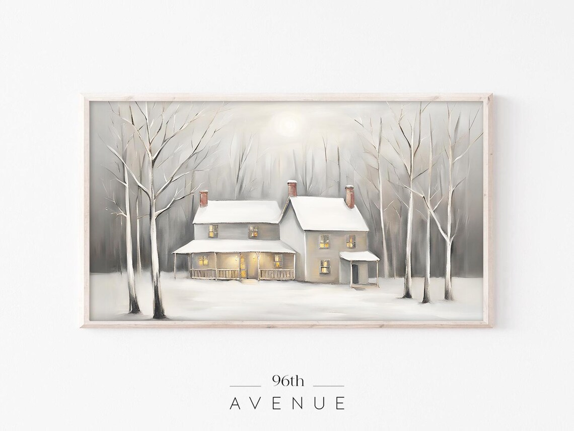 Snow Covered Farmhouse Glowing Windows Winter Landscape Poster