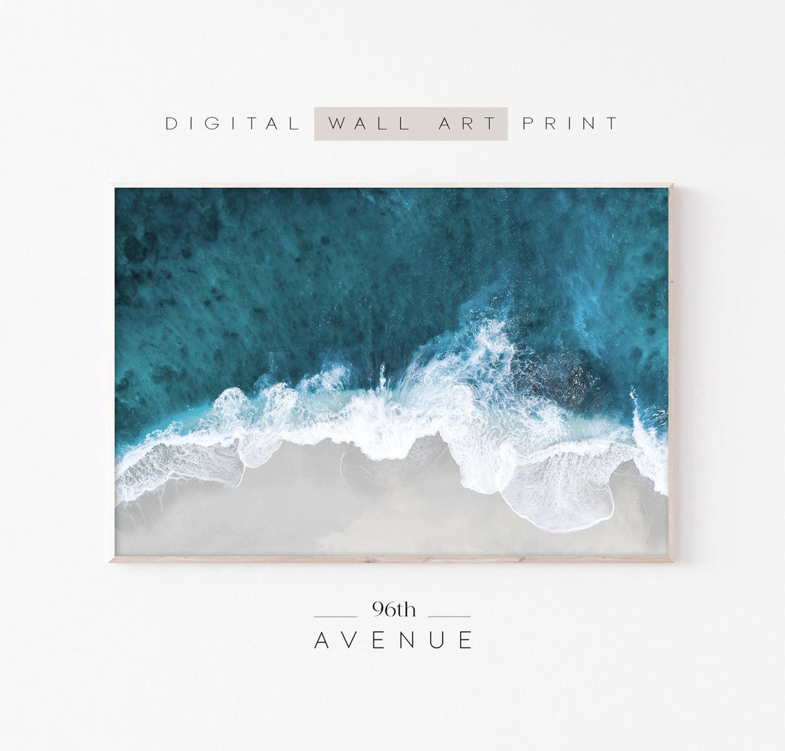 Aerial Turquoise Ocean Waves White Sand Beach Photography Poster