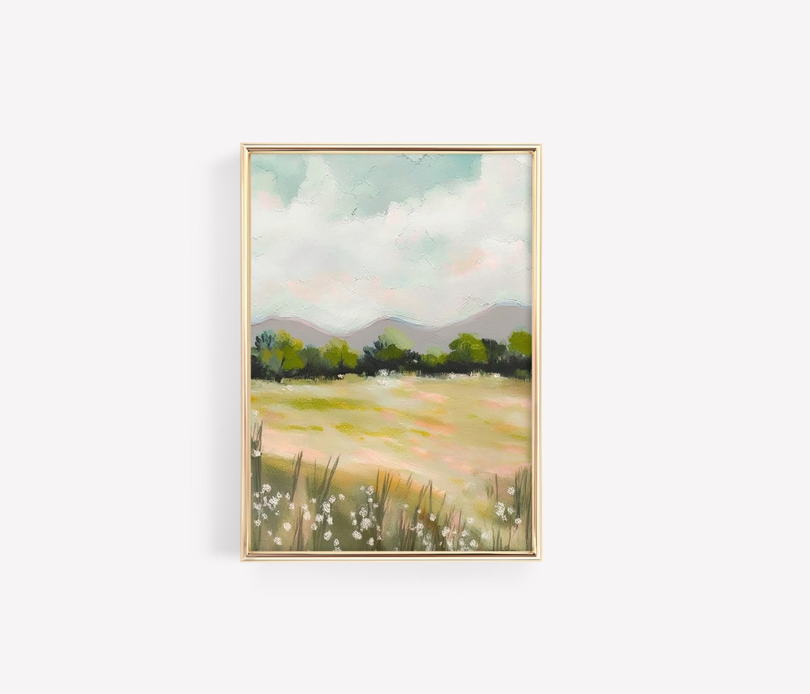 Green Meadow Mountain Trees Wildflower Field Landscape Poster - Image 3