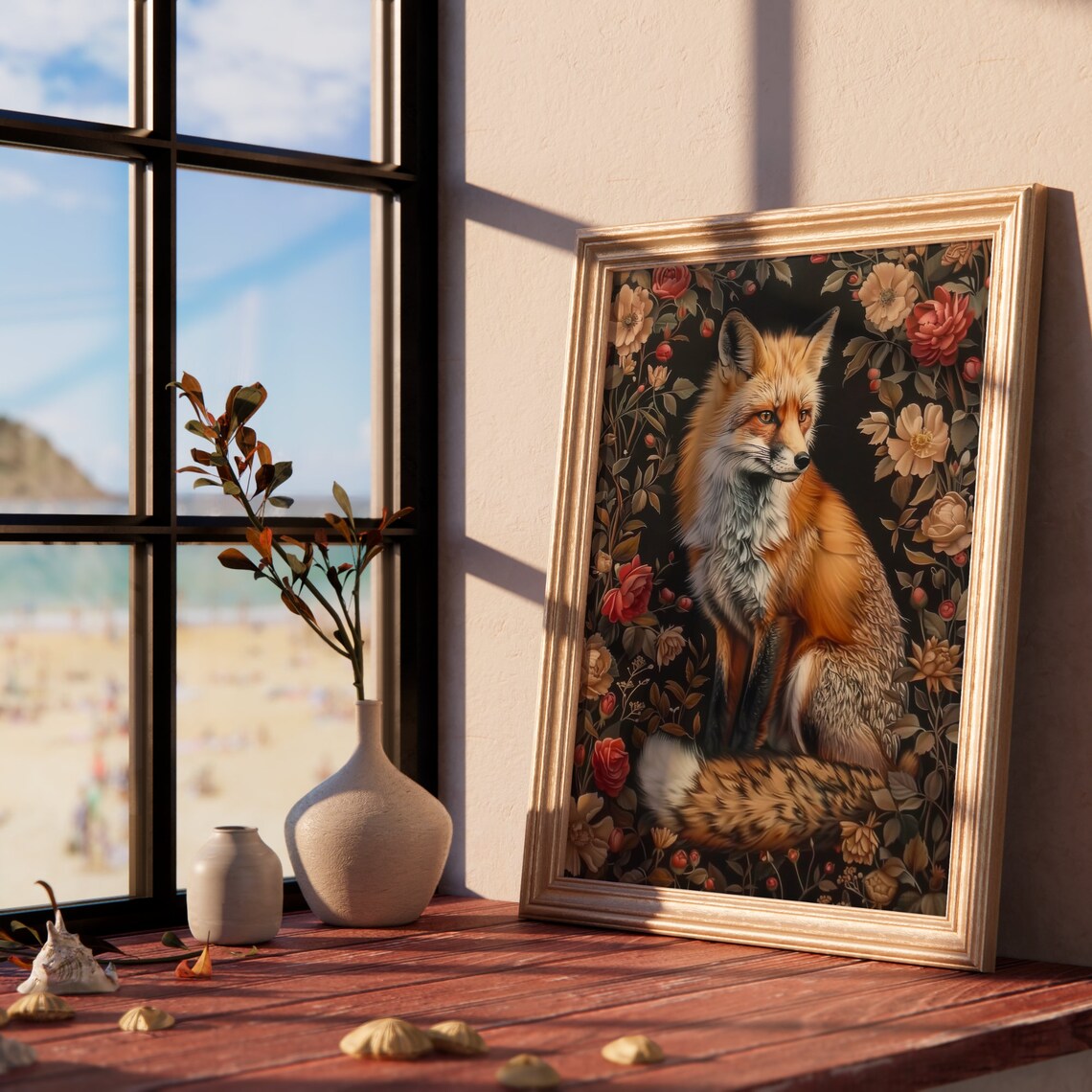 Red Fox Sitting Among Roses Dark Floral Vintage Woodland Animal Poster - Image 3