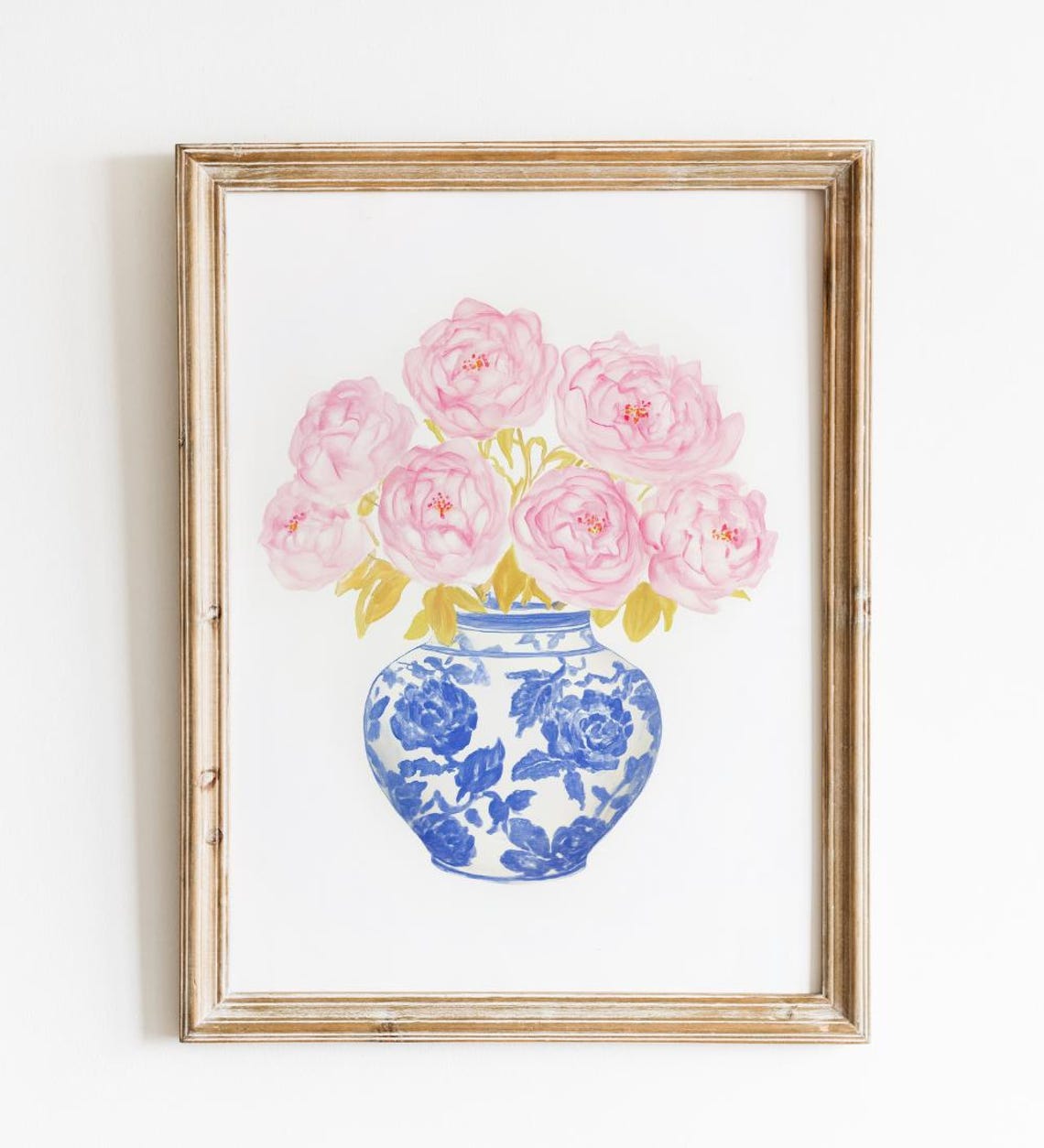 Pink Peonies in Blue White Chinoiserie Vase Watercolor Art Print