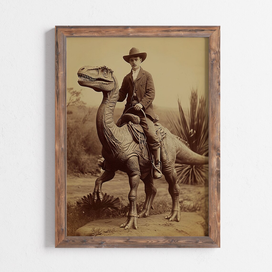 Quirky Cowboy Riding a Dinosaur Sepia Vintage Photograph Wall Art - Image 3