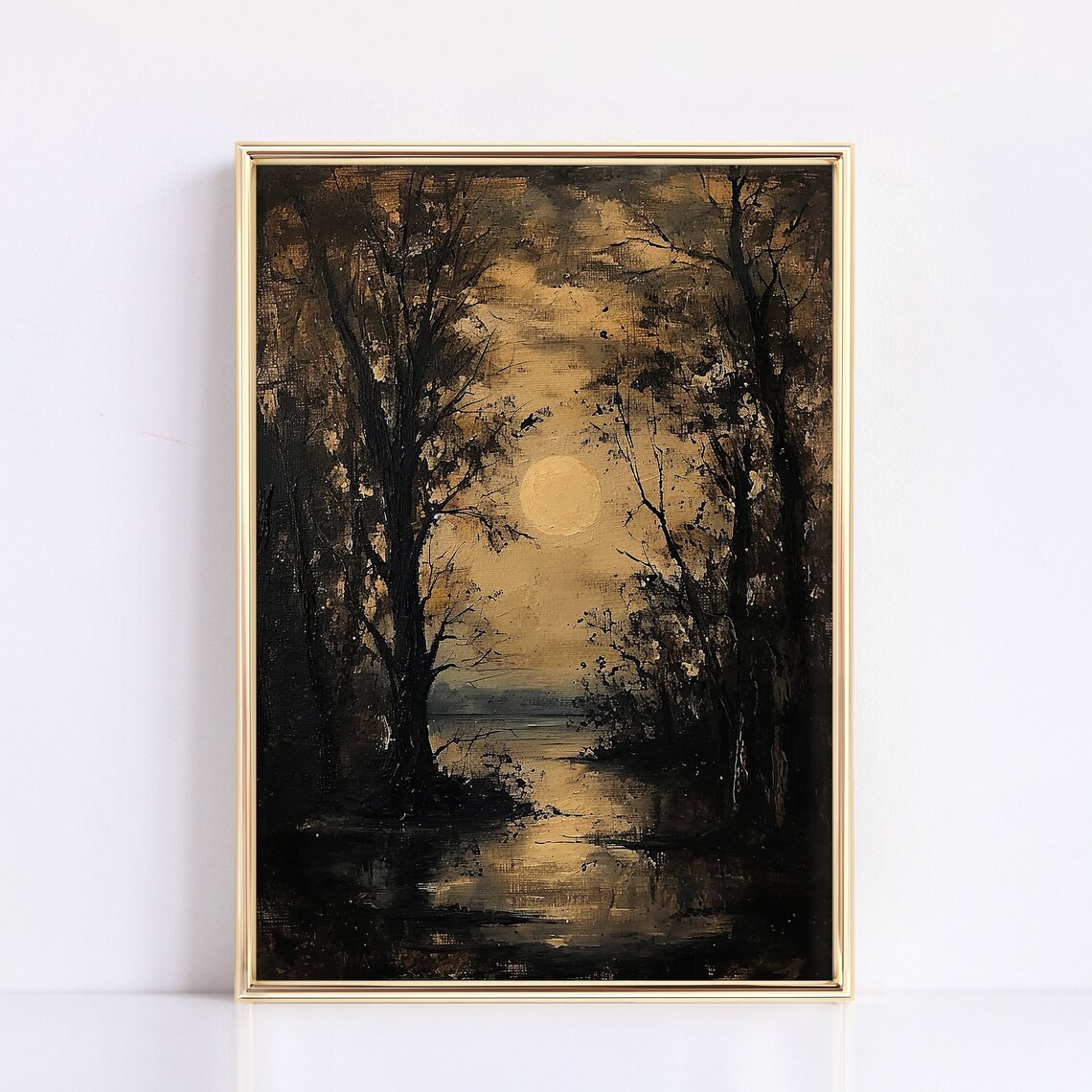 Golden Moon Over Dark Swamp Forest Sepia Vintage Night Art Poster - Image 3