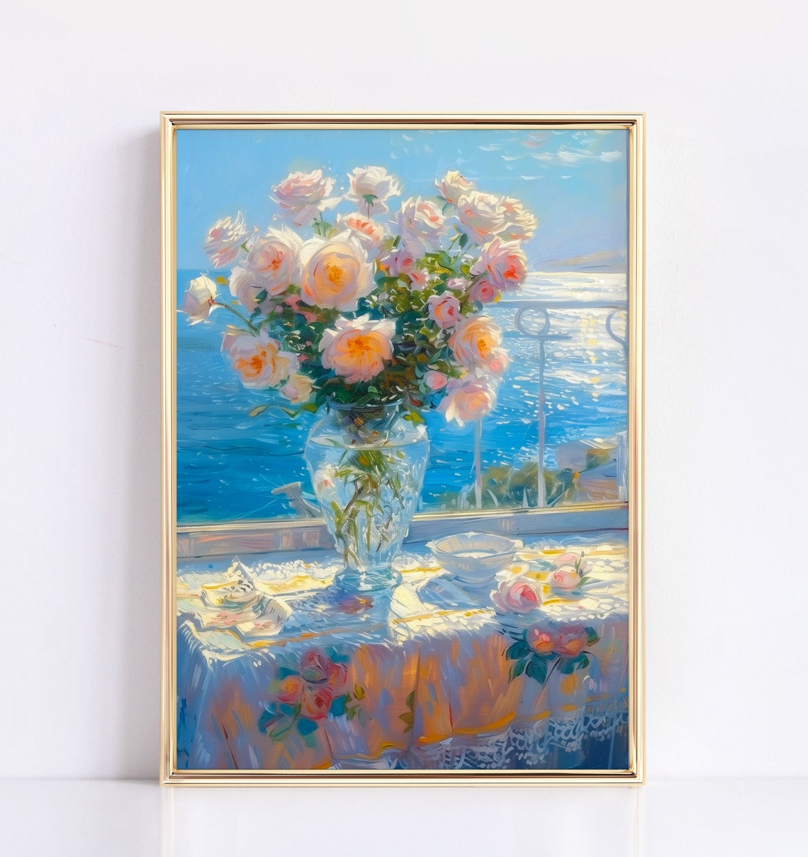 Pink Roses Glass Vase Seaside Window Sunlit Lace Tablecloth Poster