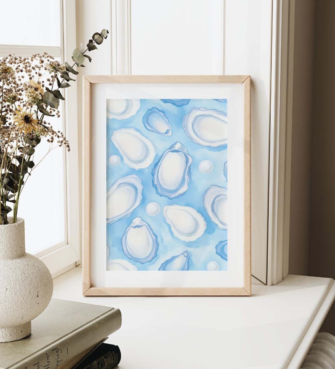 Watercolor Oyster Shells on Blue Art Print Coastal Summer Beach Pearl Decor - Image 2