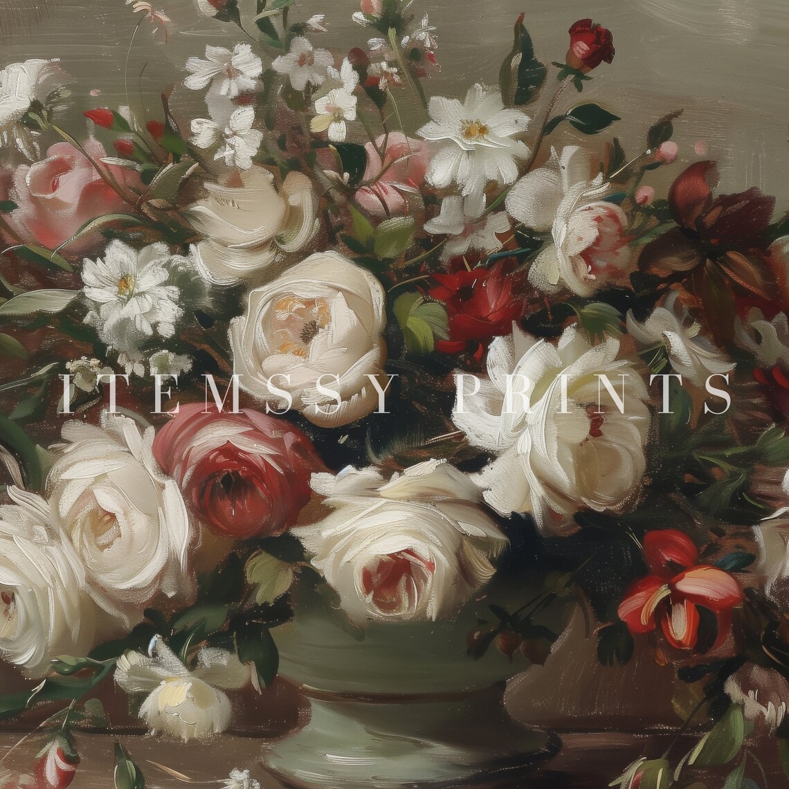 Vintage Camellia Blossoms Red White Pink Oil Painting Floral Poster - Image 2