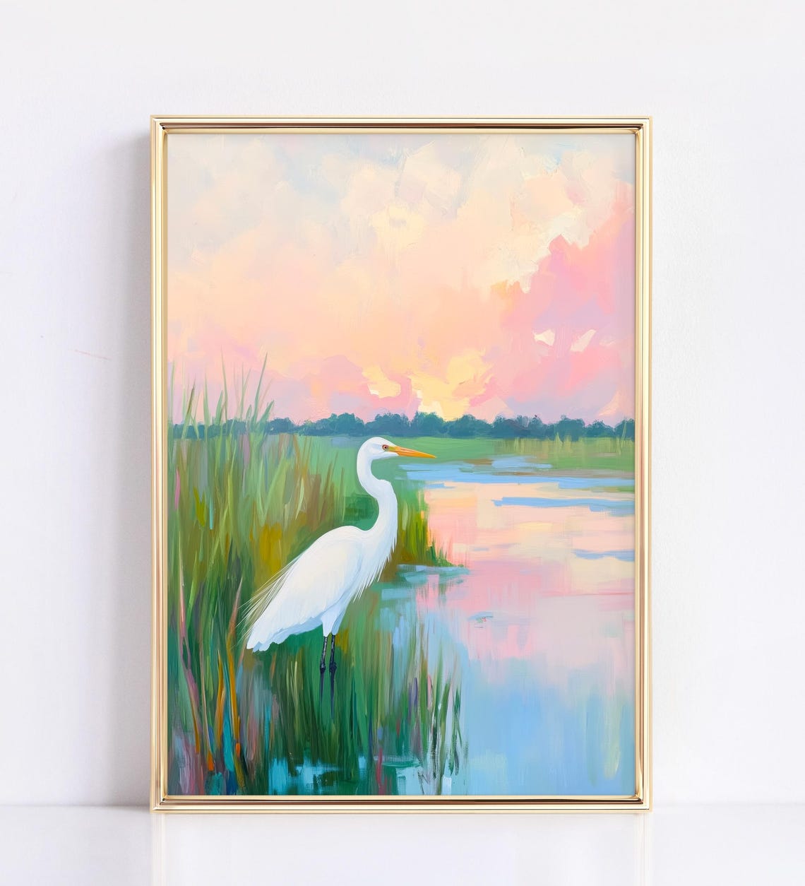 White Egret Marsh Sunset Pastel Coastal Watercolor Art Poster - Image 2