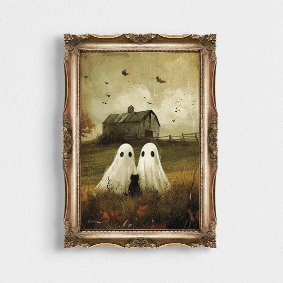 Vintage Ghost Print Victorian Gothic Art Cute Horror Bats Goth Wall Art Two Ghosts With A Black Cat Farmhouse Decor Dark Academia