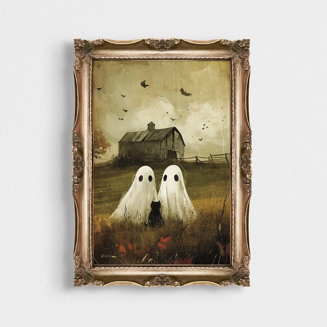Two Cute Ghosts With Black Cat Vintage Halloween Barn Art Poster