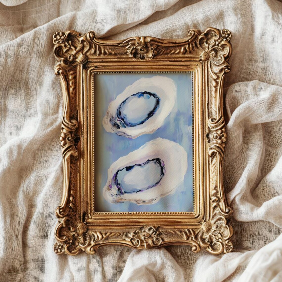 Coastal Oyster Shells Painting Blue Background Seafood Art Poster - Image 2