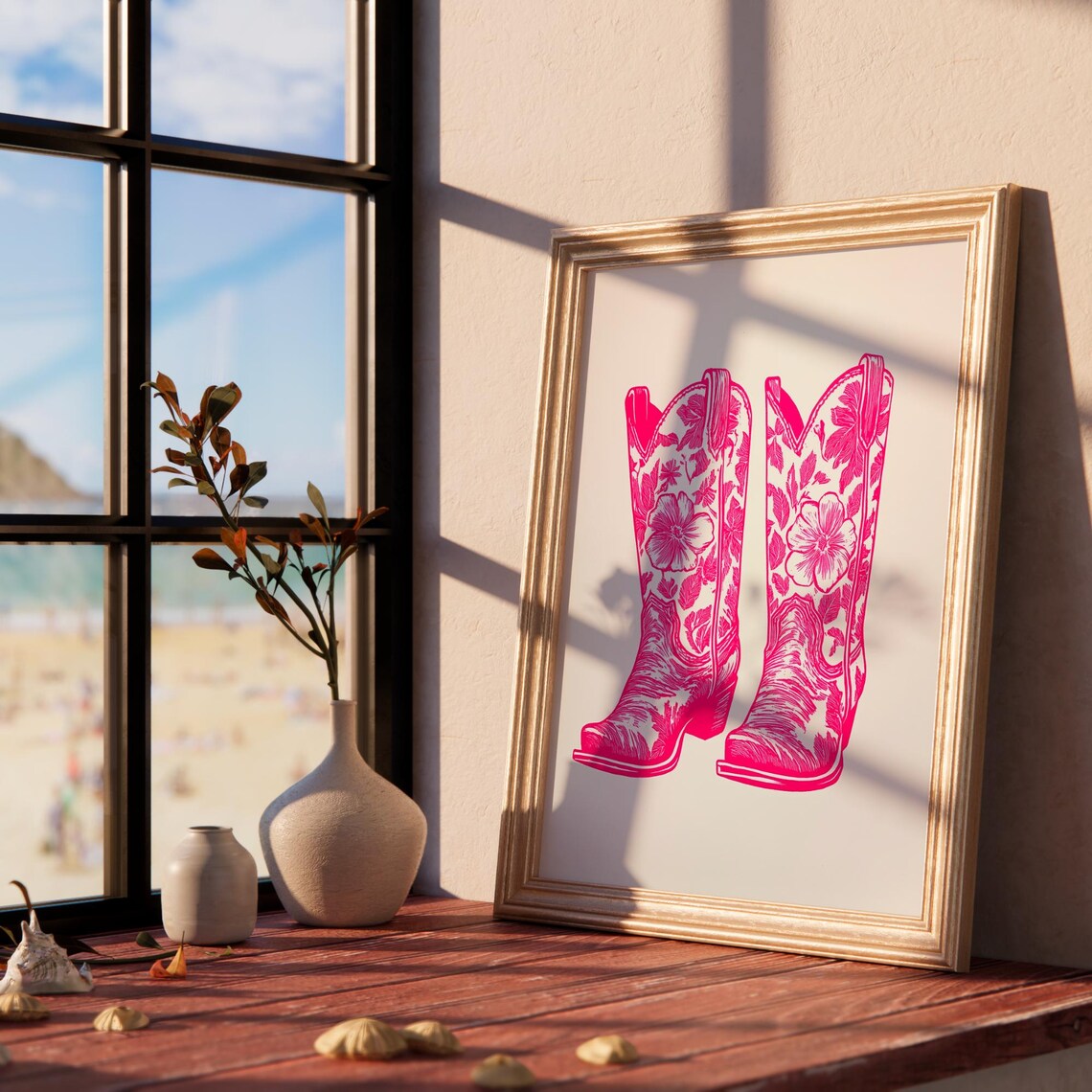 Pink Cowgirl Boots Print Coastal Cowgirl Wall Art Girly Western Decor Trendy College Apartment Artwork Preppy Dorm Room - Image 2