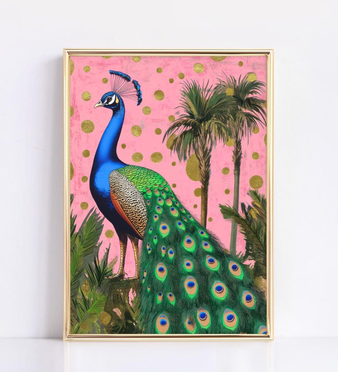 Peacock Standing With Palm Trees On Pink And Gold Polka Dot Poster