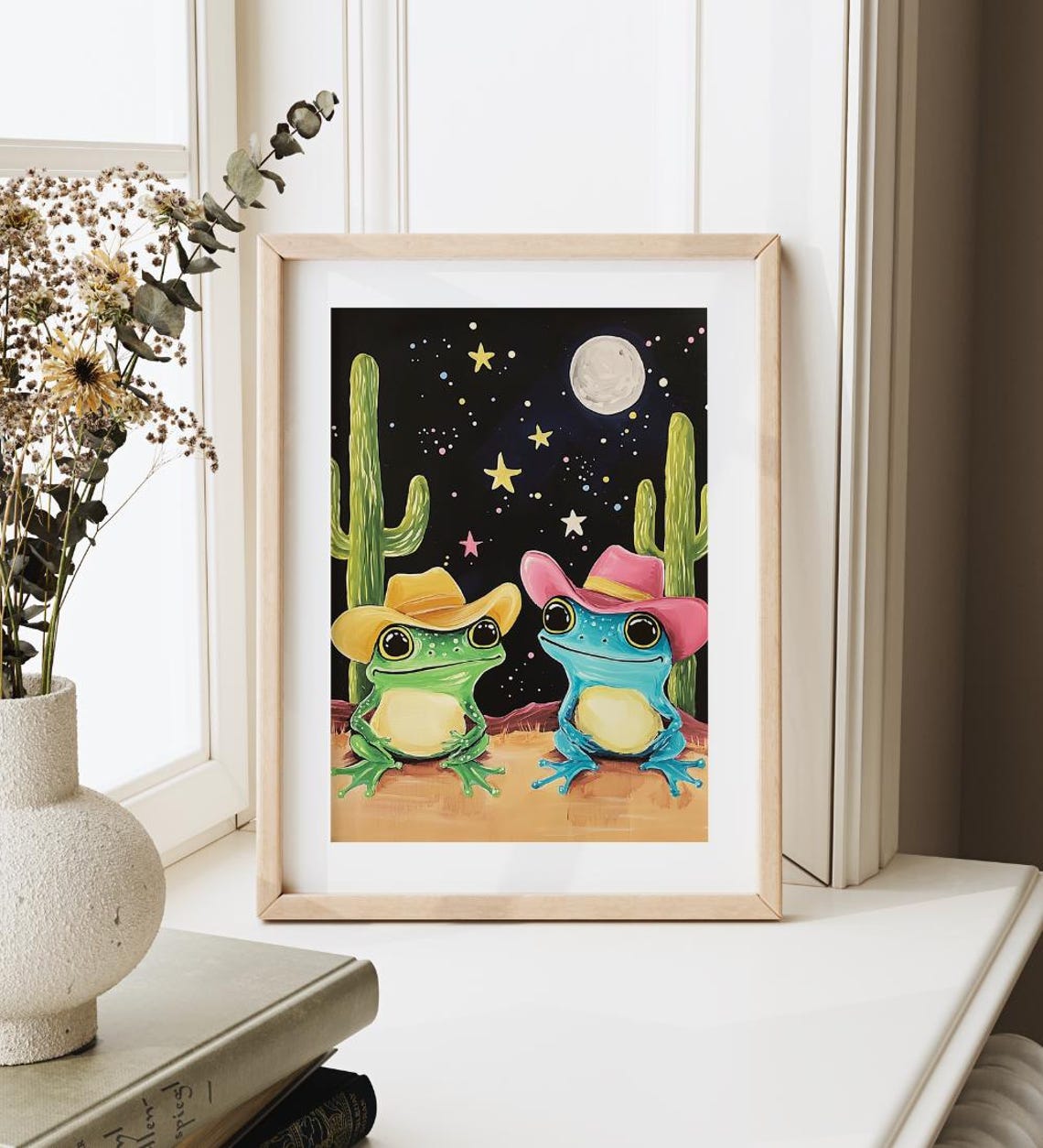 Cowboy Frogs Night Desert Moon Stars Cacti Whimsical Art Poster - Image 4