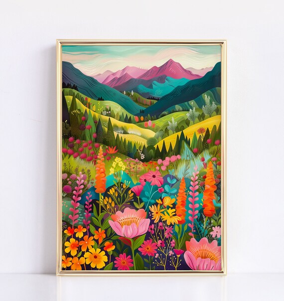 Vibrant Mountains Landscape Wall Art Colorful Abstract Illustration Maximalist Cute Patchwork Artwork Abstract Vibrant Home Wall Decor