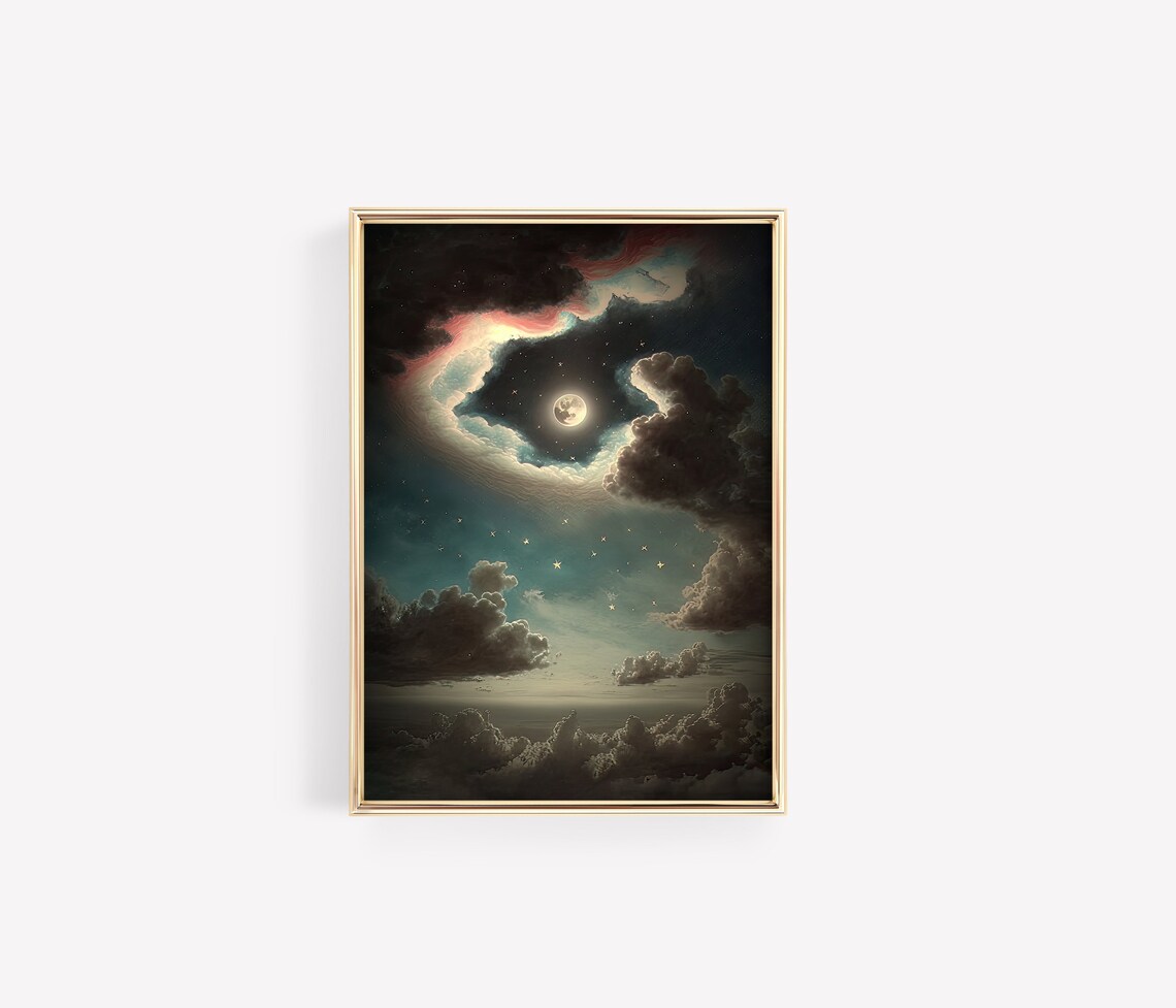Moon And Stars Cloudy Night Sky Vintage Gothic Celestial Painting Poster - Image 3