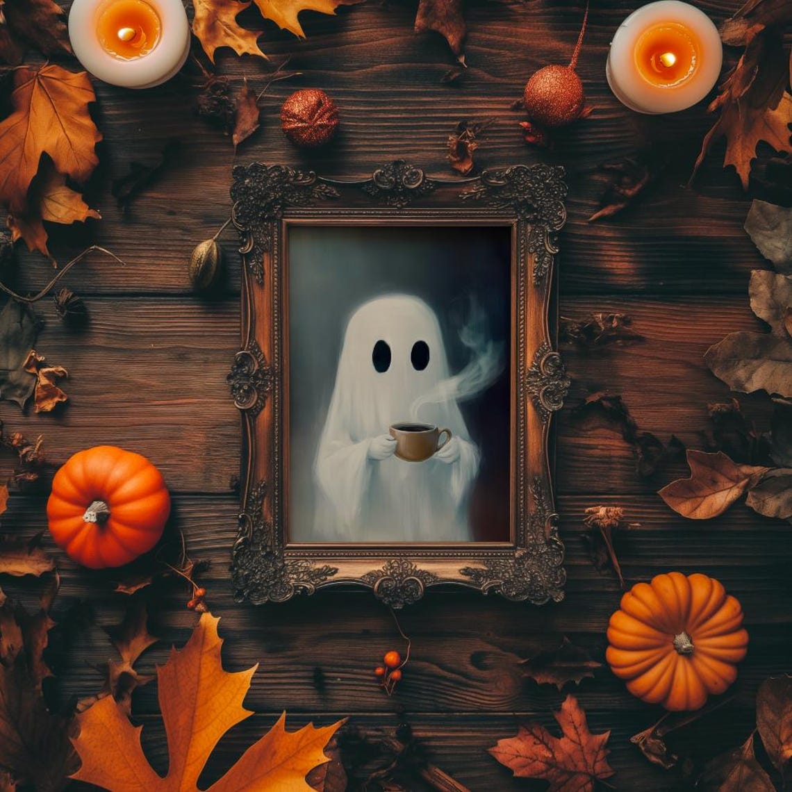 Cute Ghost Drinking Coffee Painting Fall Halloween Decor Poster - Image 3