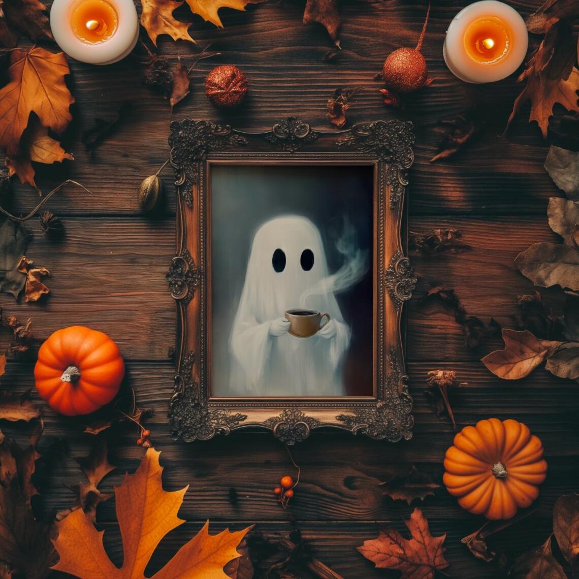 Ghost Drinking Coffee Wall Art Vintage Decor Dark Academia Aesthetic Gothic Home Art Cute Ghost Prints - Image 3