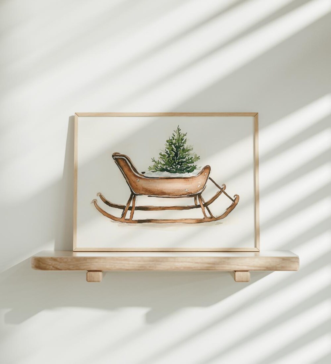 Wooden Sled Carrying Small Christmas Tree Watercolor Art Poster - Image 2
