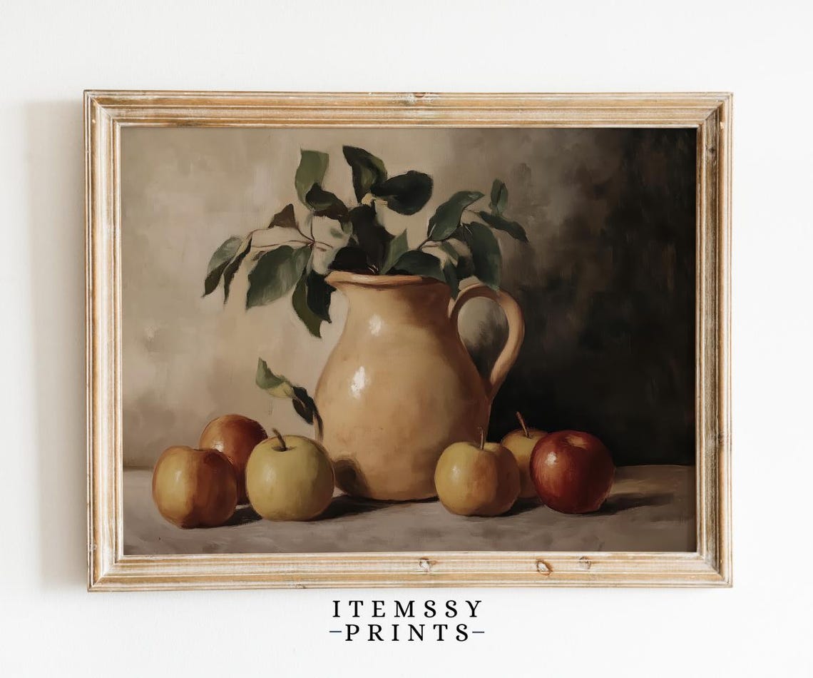 Vintage Apple Still Life Painting Kitchen Fruit Jug Art Poster