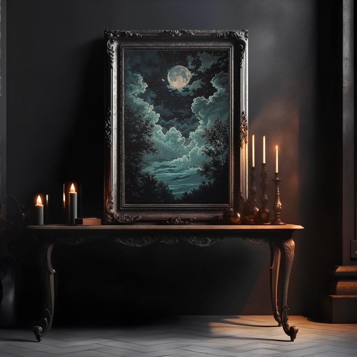 Full Moon Night Clouds Framing Teal Valley Vintage Sky Art Poster - Image 2