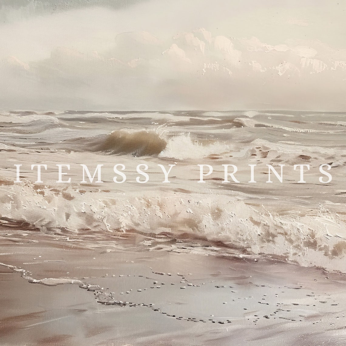 Soft Neutral Seascape Foamy Ocean Waves Beach Shoreline Poster - Image 3