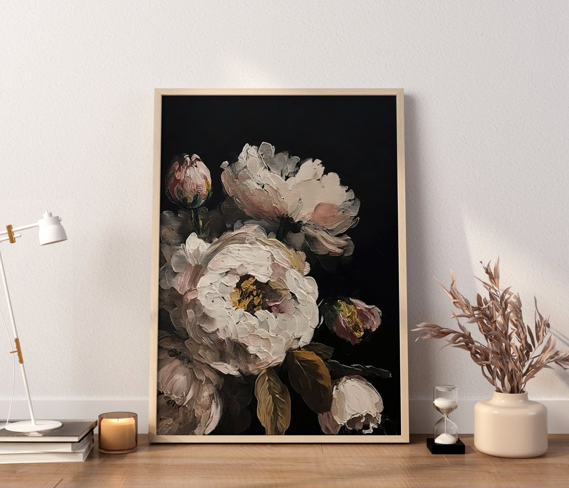 White Peony Blooms On Black Impasto Oil Painting Drama Art Poster - Image 2