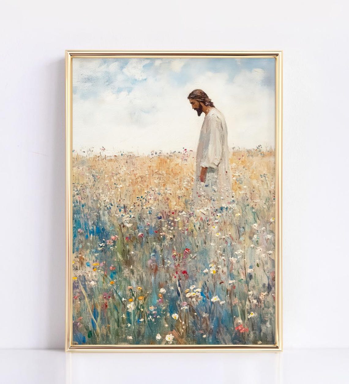 Jesus Walking Through Wildflower Meadow Impressionist Poster - Image 2