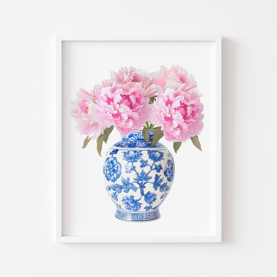 Blush Pink Peonies Chinoiserie Blue White Porcelain Vase Floral Poster