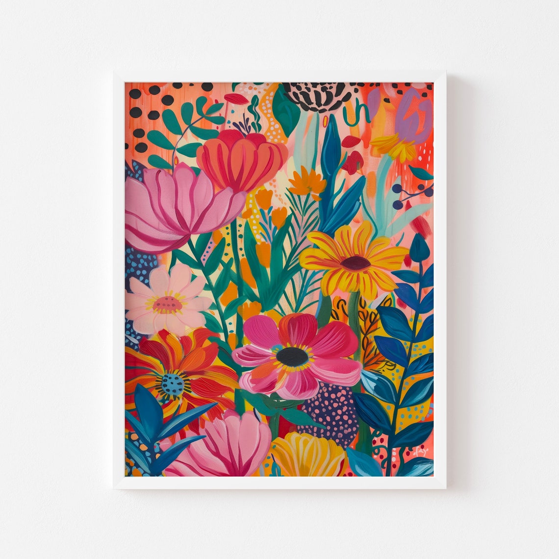 Playful Bright Floral Pattern Pink Orange Yellow Botanical Poster - Image 2