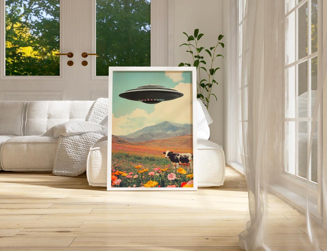 UFO Over Cow in Wildflower Meadow Retro Surreal Cosmic Space Art Print - Image 2