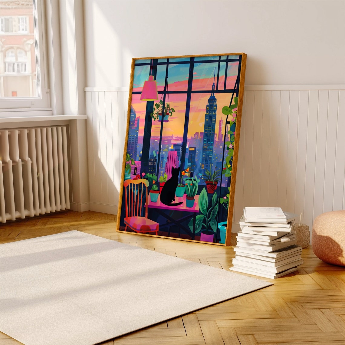 Black Cat Watching New York City Sunset Skyline Window Scene Poster - Image 3