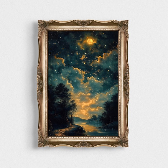 Vintage Starry Print Night Sky Painting Celestial Art Stargazing Astronomy Decor Moon And Stars Wall Decor Poster