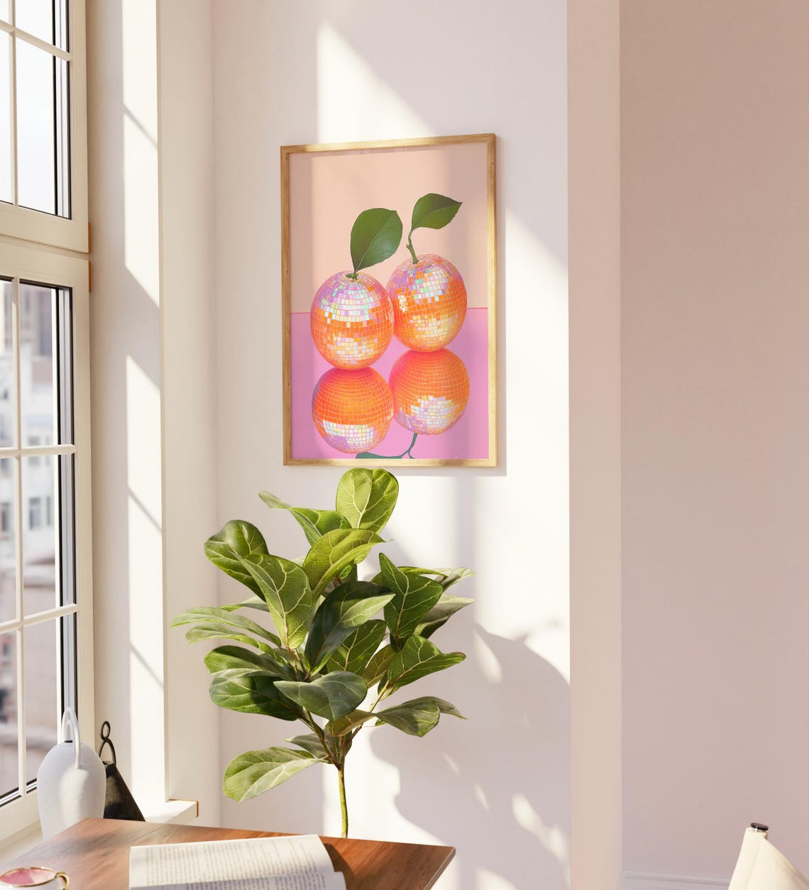 Disco Ball Oranges Preppy Pink Background Trendy Fruit Wall Art - Image 2