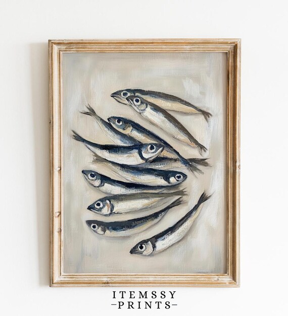 Antique Sardine Still Life Painting Vintage Nautical Fish Art Print Coastal Sea Life Rustic Ocean Restaurant Decor Maritime Home Art