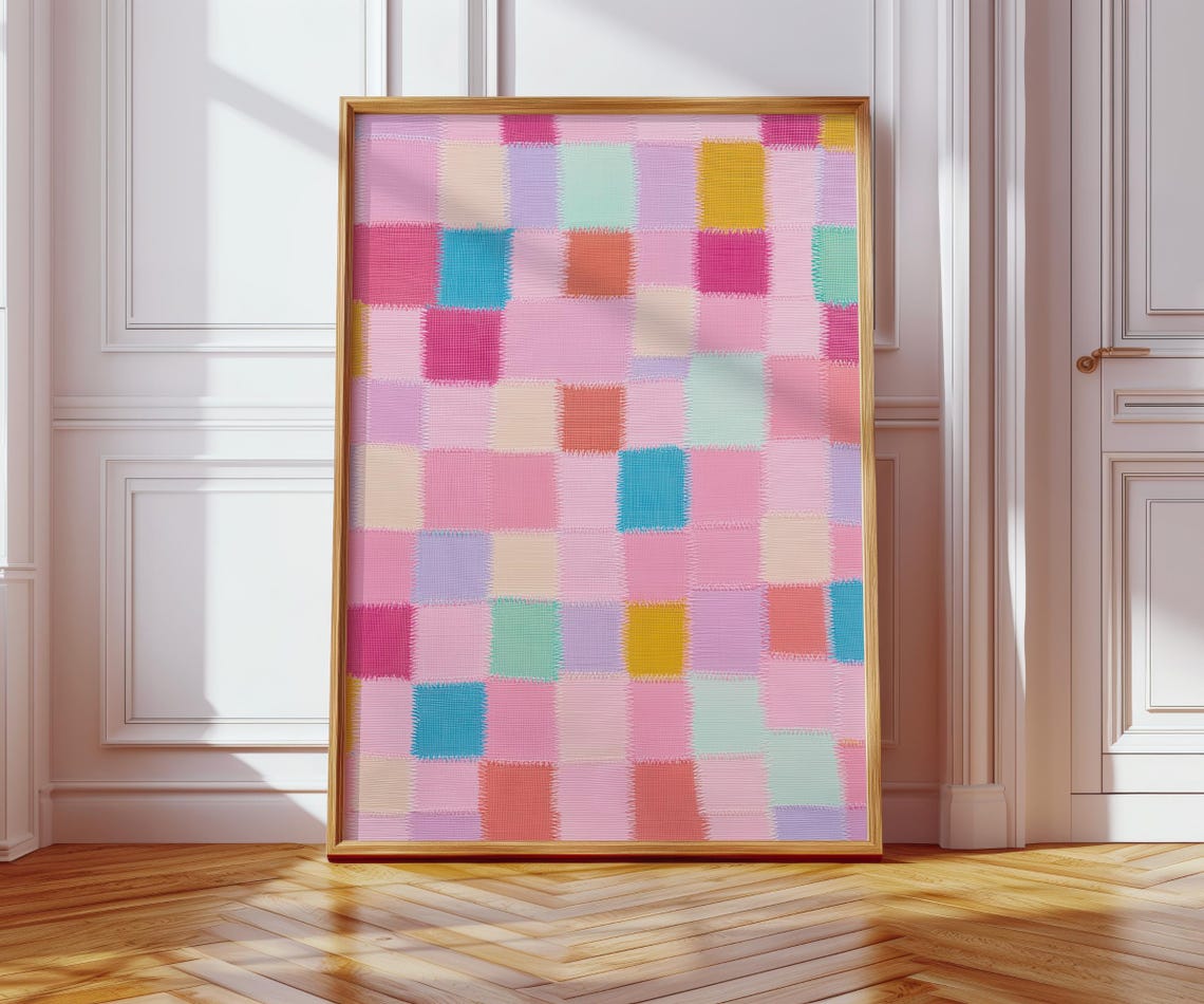 Colorful Patchwork Grid Abstract Painting Pink Modern Wall Art - Image 3