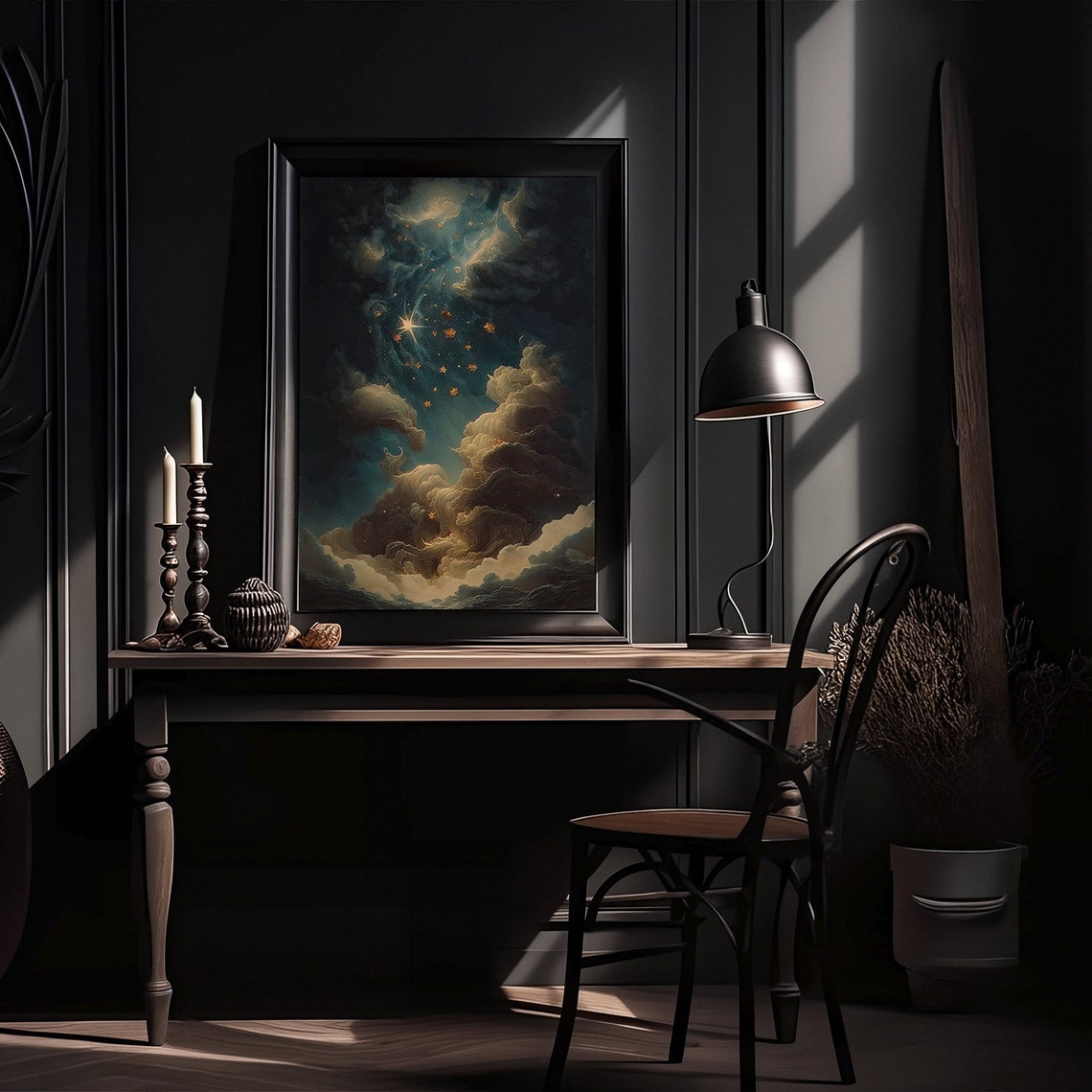 Golden Stars Swirling Dark Clouds Celestial Night Art Poster - Image 2