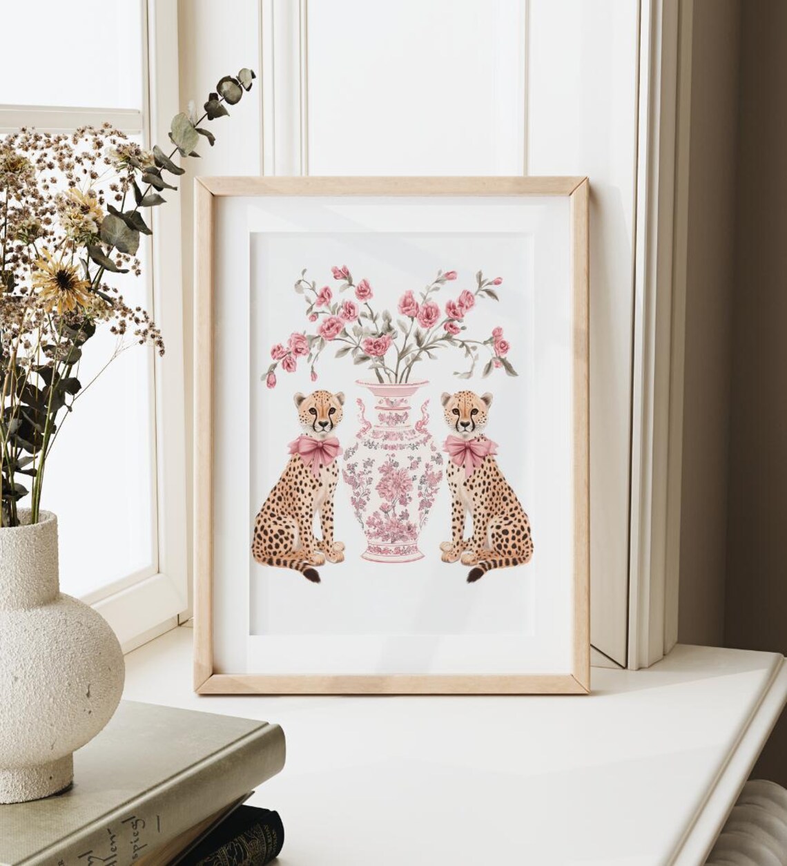 Pink Chinoiserie Vase with Cheetahs and Roses Girly Nursery Print - Image 2