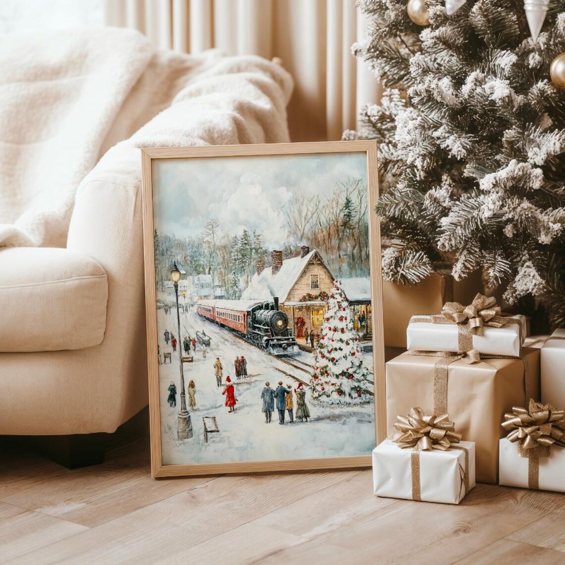 Vintage Steam Train Arriving At Snowy Christmas Station Poster - Image 4