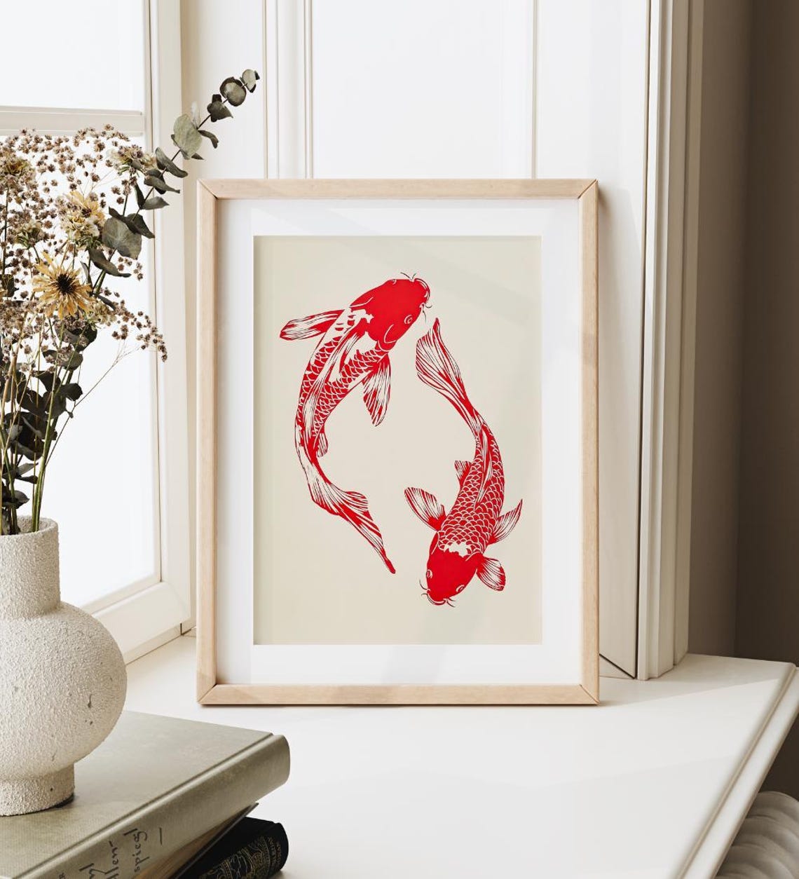 Two Red Koi Fish Circling Minimal Japanese Style Fish Art Poster - Image 2