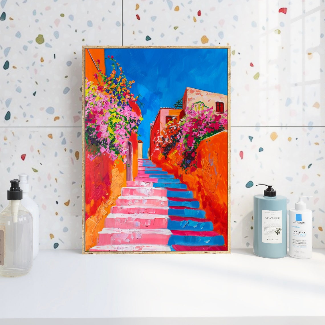 Mediterranean Flower Covered Staircase Bright Blue Sky Coastal Poster - Image 2