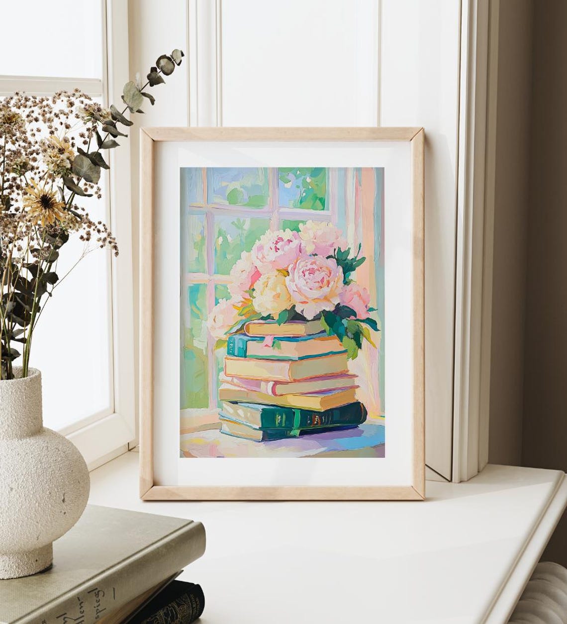 Pink Peonies on Stack of Books by Window Reading Nook Art Print - Image 3