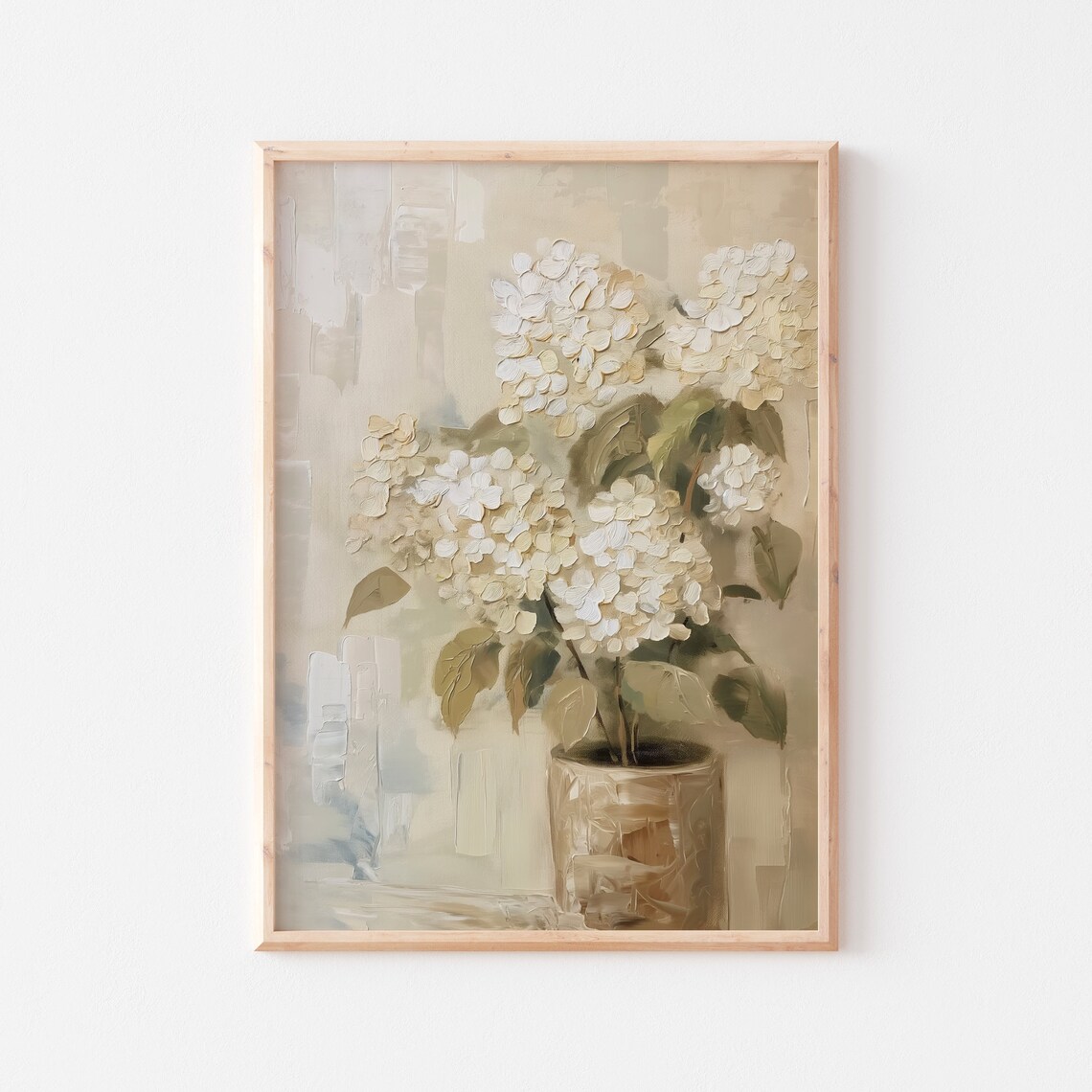 White Hydrangeas in Rustic Pot Neutral Cottage Still Life Floral Poster - Image 3