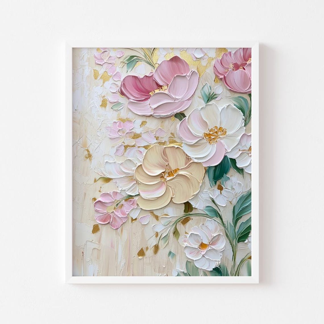 Pink Floral Impasto Painting Textured 3D Flower Gold Accent Poster