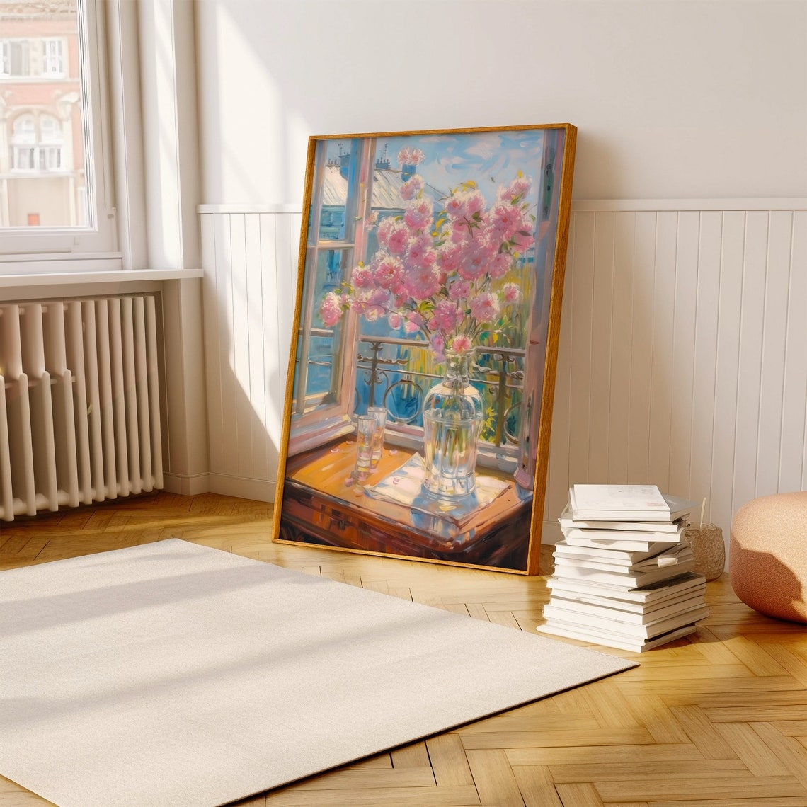 Pink Blossom Branches Glass Vase Sunlit Parisian Window Art Poster - Image 3