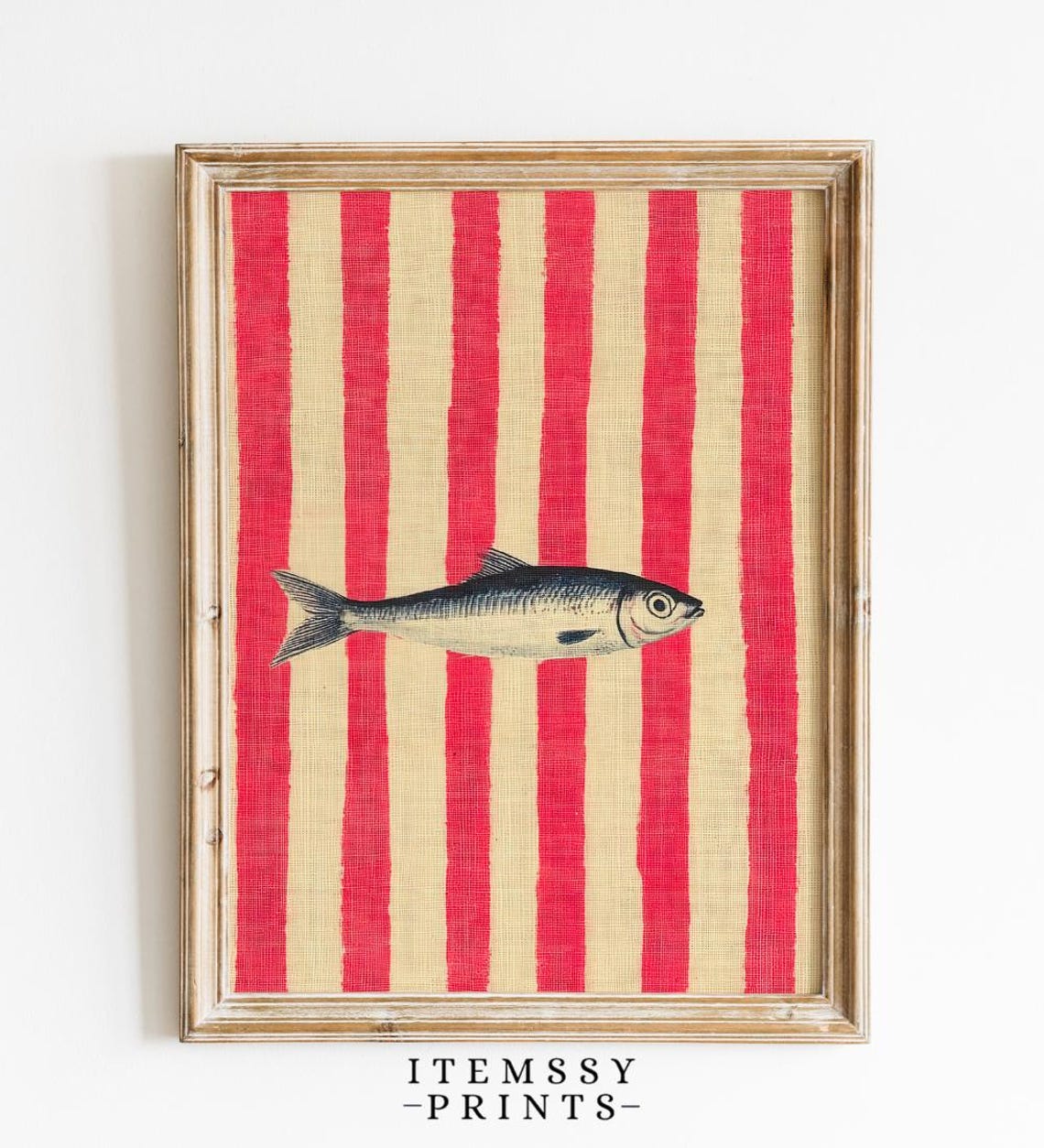 Classic Dark Sardine on Bold Red Cream Stripes Vintage Fish Art Poster